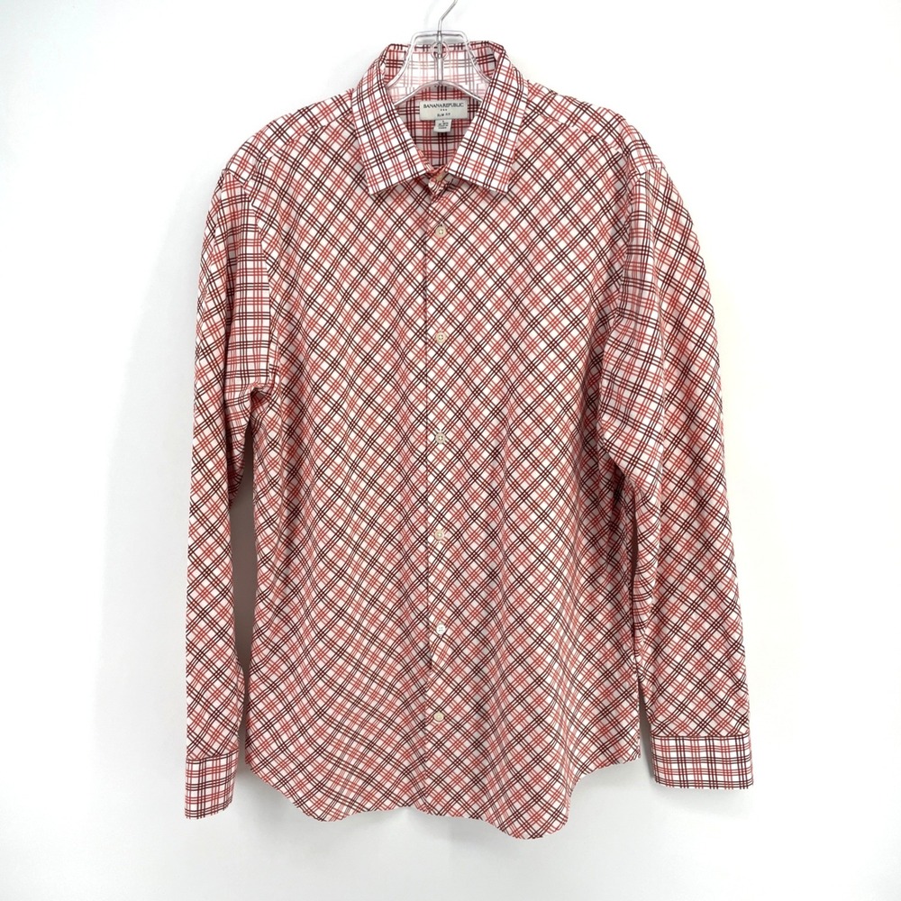Banana Republic Mens Slim Fit Button Down Shirt Large L Red White Plaid Cotton